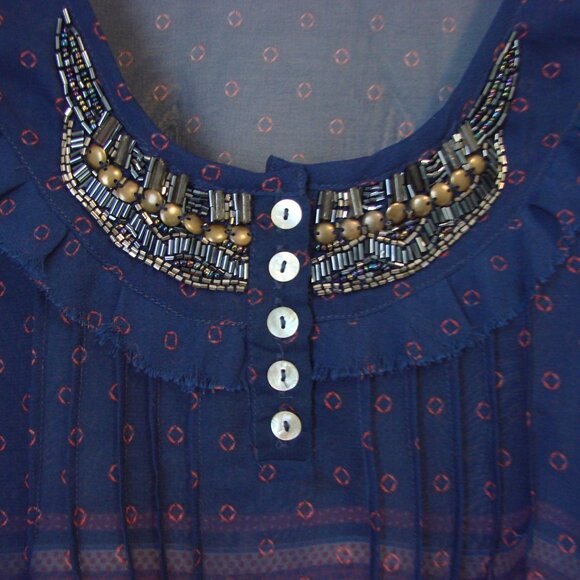 Beaded Flowy Tank Top Boho Hippie Blue Red Asymmetrical Hem Sheer Size Medium - Picture 7 of 13